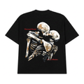Black t-shirt with a skeleton design on a white background