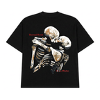 Black t-shirt with a skeleton design on a white background
